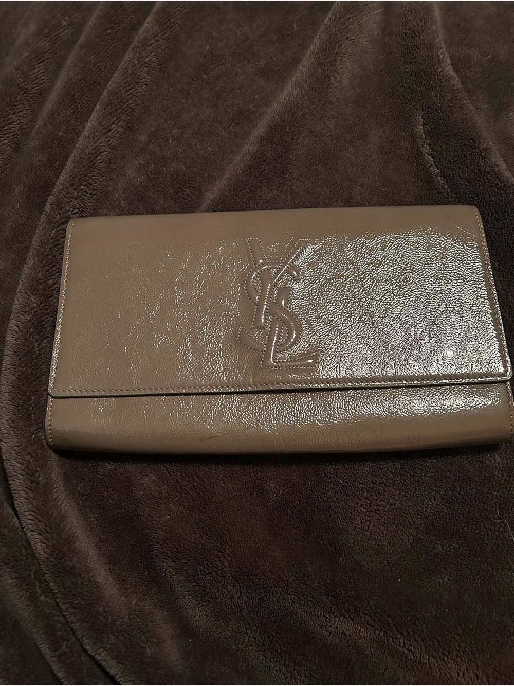 Authentic Saint Laurent Taupe Belle du Jour Patent Leather YSL Flap Large Clutch